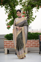 Jyoti Fashion Women's Verdun Green Soft Tussar Silk Traditional Print & Zari Border Saree with Blouse | Grocsy