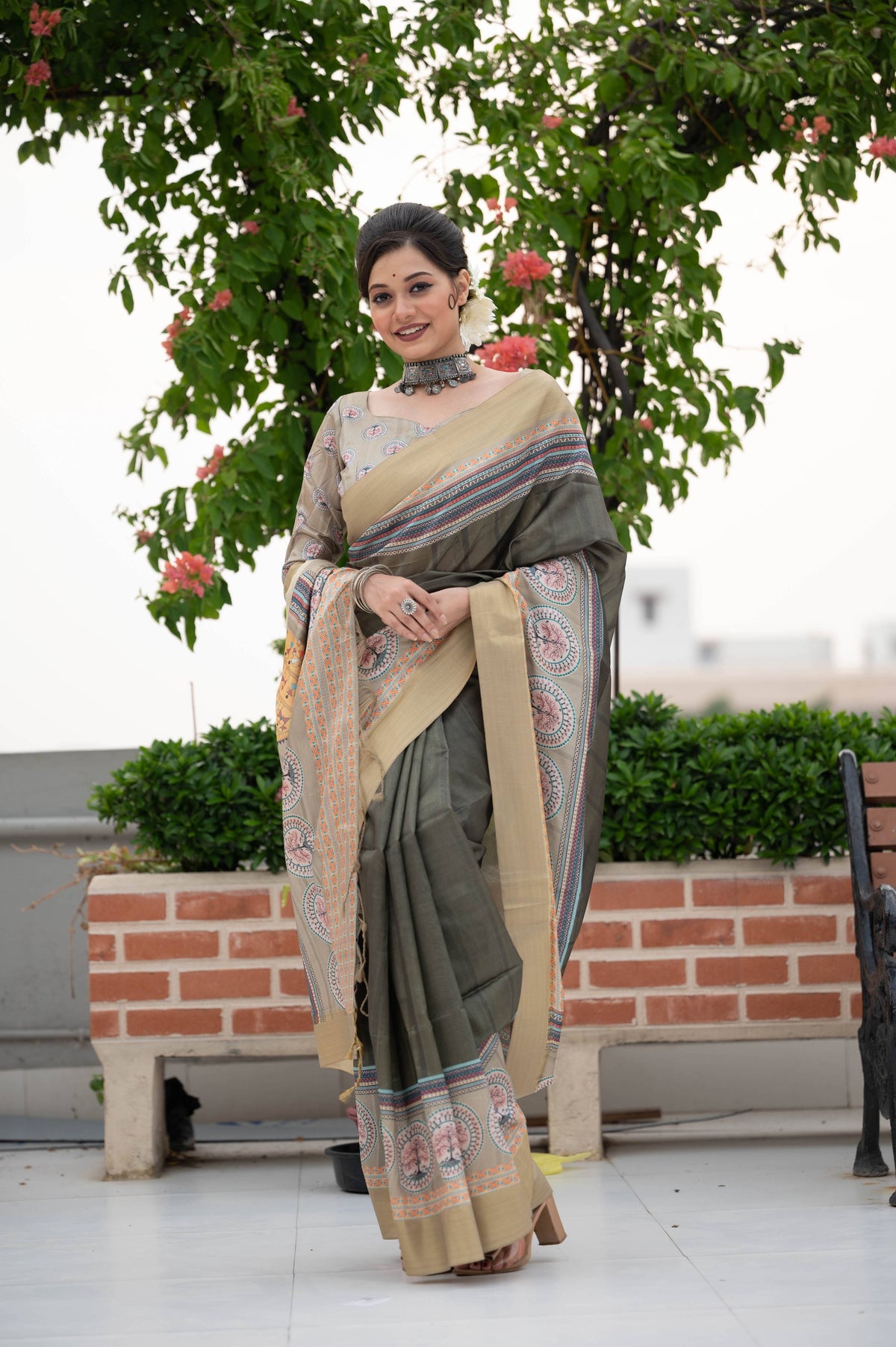 Jyoti Fashion Women's Verdun Green Soft Tussar Silk Traditional Print & Zari Border Saree with Blouse | Grocsy
