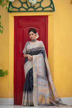 Jyoti Fashion Women's Black Soft Tussar Silk Traditional Print & Zari Border Saree with Blouse | Grocsy