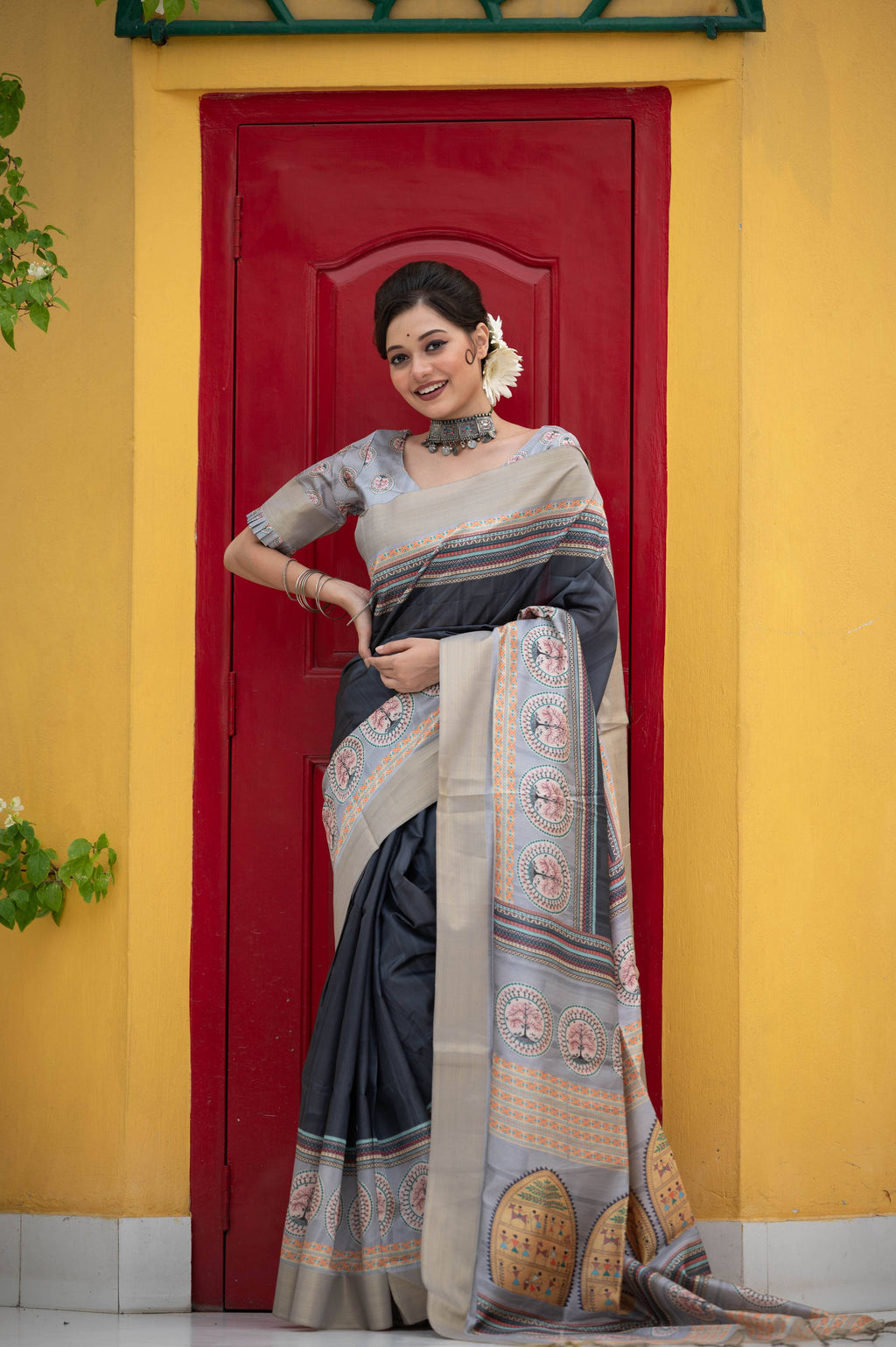 Jyoti Fashion Women's Black Soft Tussar Silk Traditional Print & Zari Border Saree with Blouse | Grocsy