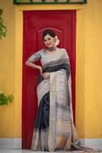 Jyoti Fashion Women's Black Soft Tussar Silk Traditional Print & Zari Border Saree with Blouse | Grocsy