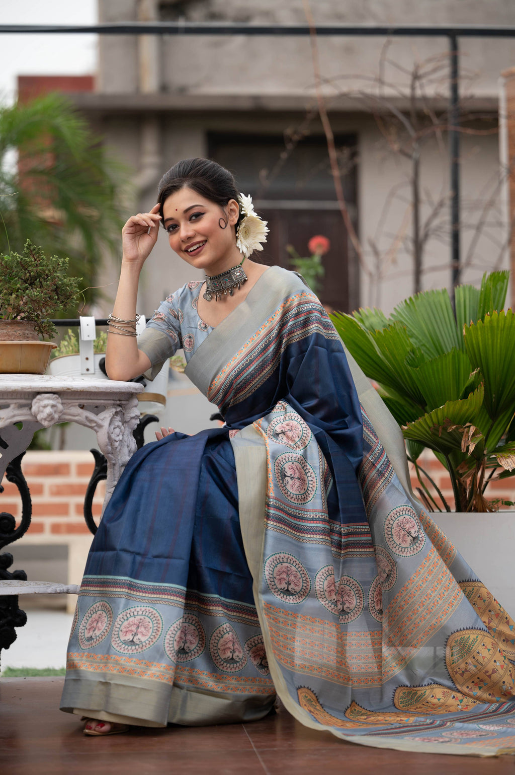 Jyoti Fashion Women's Navy Blue Soft Tussar Silk Traditional Print & Zari Border Saree with Blouse | Grocsy