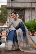 Jyoti Fashion Women's Navy Blue Soft Tussar Silk Traditional Print & Zari Border Saree with Blouse | Grocsy