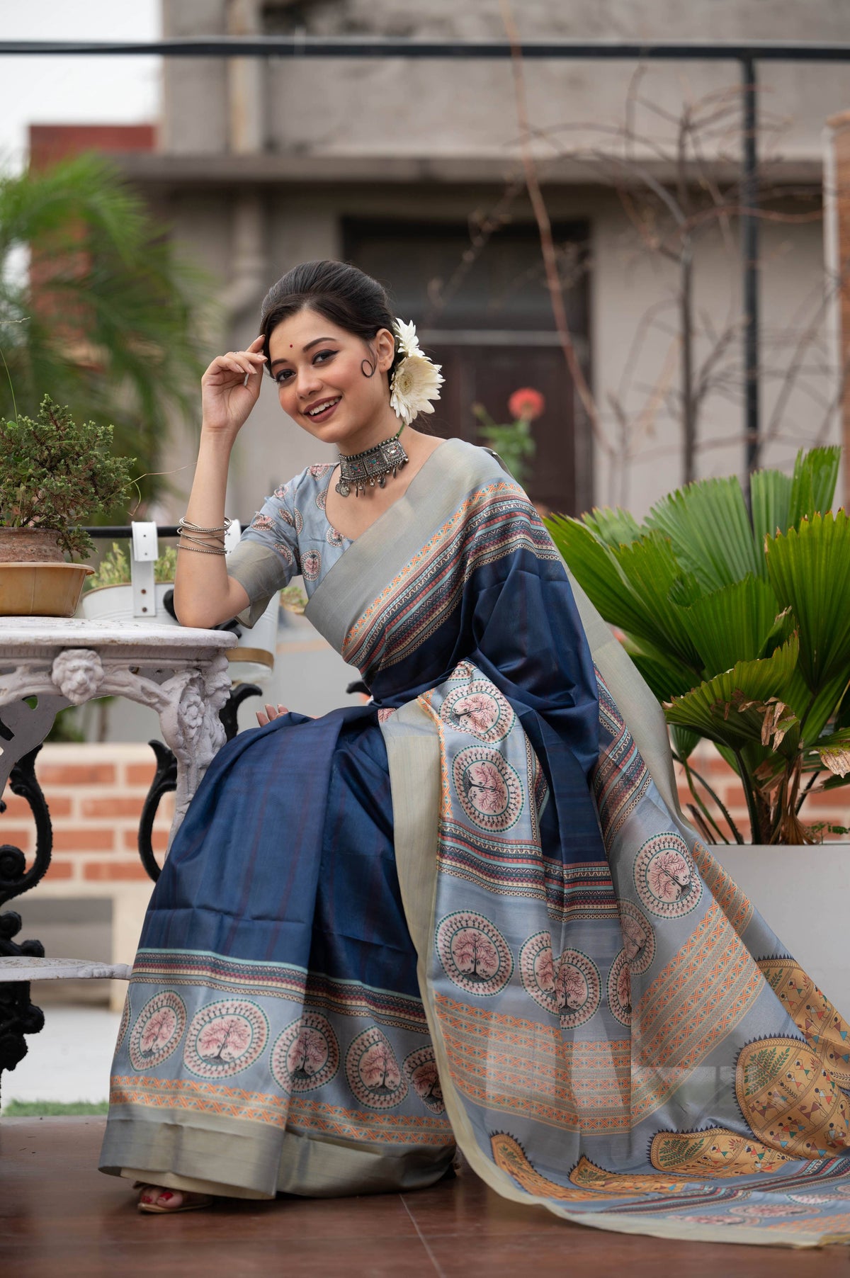 Jyoti Fashion Women's Navy Blue Soft Tussar Silk Traditional Print & Zari Border Saree with Blouse | Grocsy