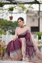 Jyoti Fashion Women's Wine Soft Tussar Silk Traditional Print & Zari Border Saree with Blouse | Grocsy