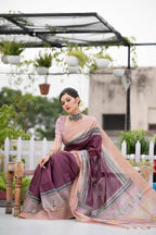 Jyoti Fashion Women's Wine Soft Tussar Silk Traditional Print & Zari Border Saree with Blouse | Grocsy