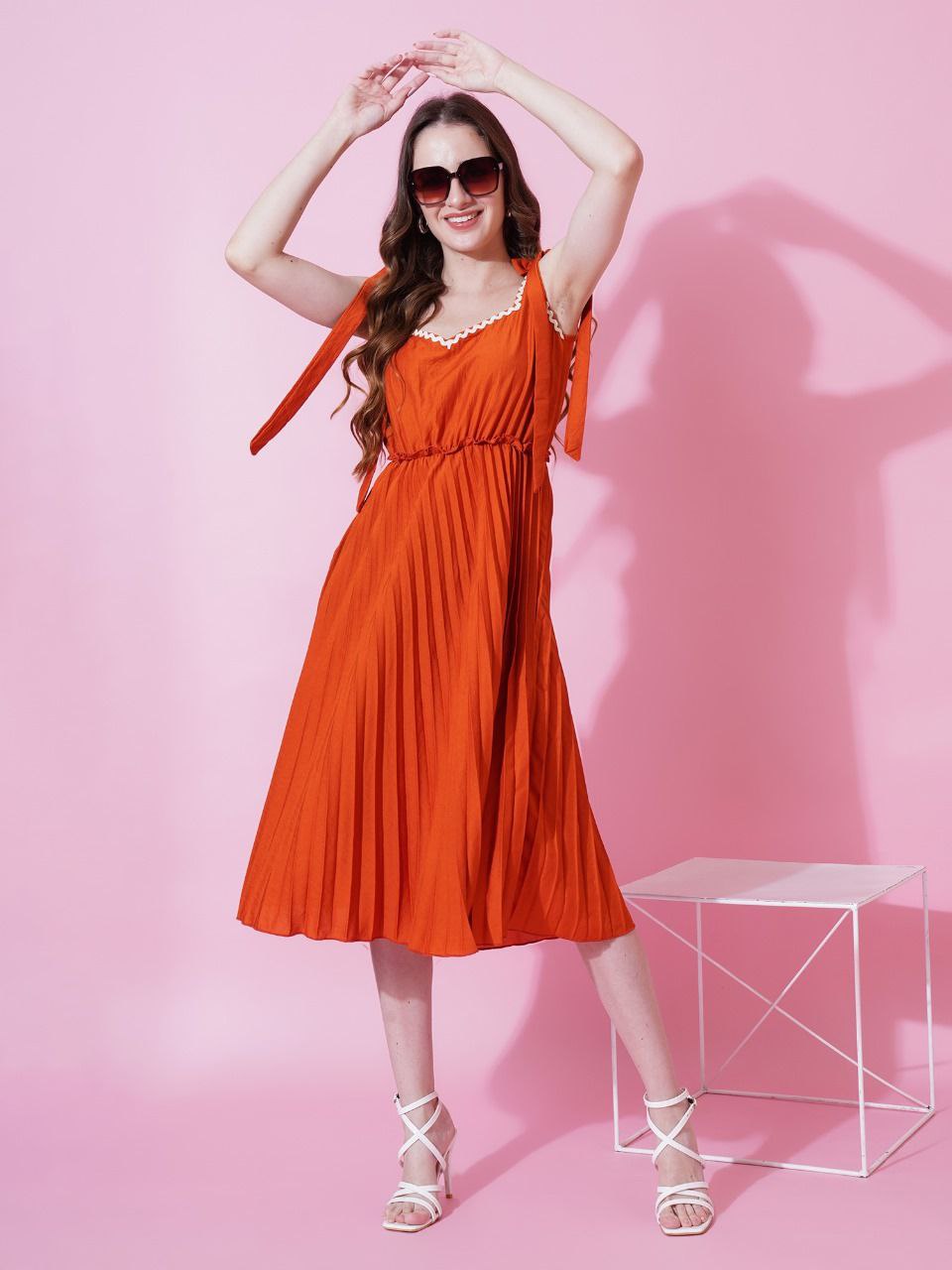 Jyoti Fashion Women's Orange Heavy Crepe Crushed Flared Western Dress | Grocsy
