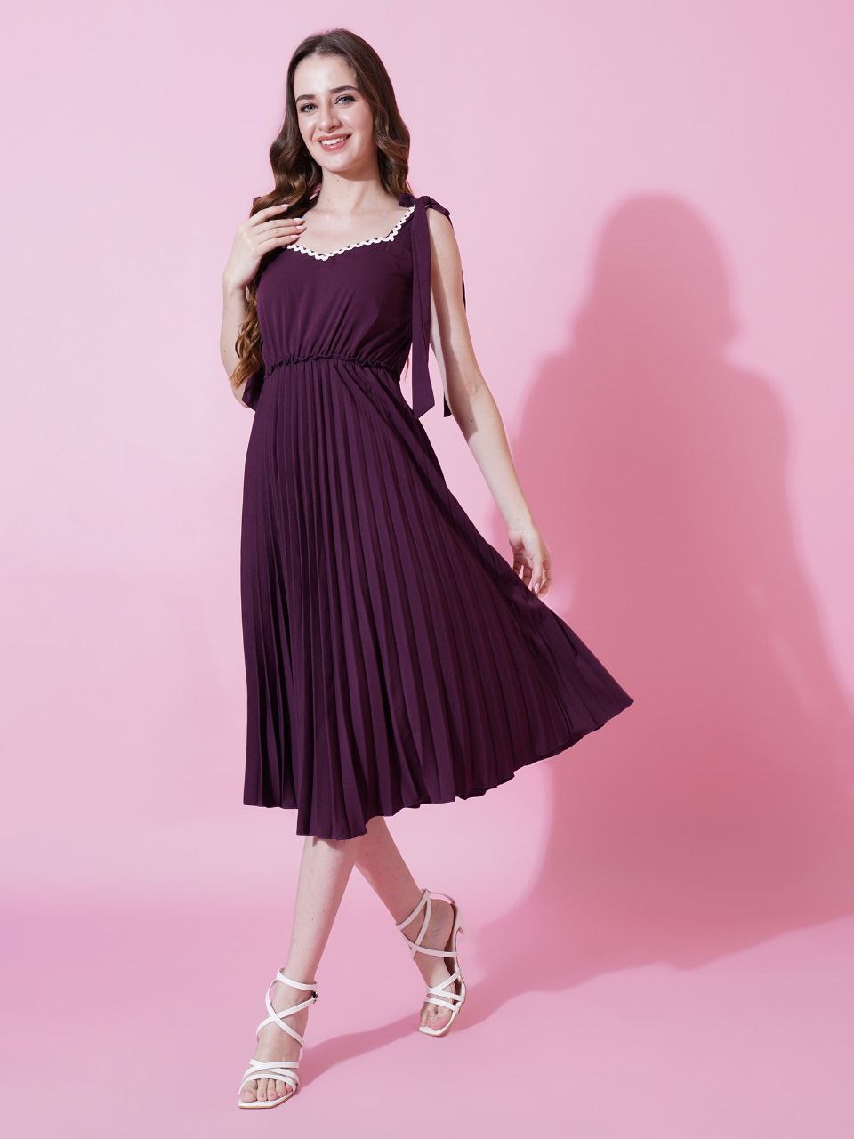 Jyoti Fashion Women's Wine Heavy Crepe Crushed Flared Western Dress | Grocsy