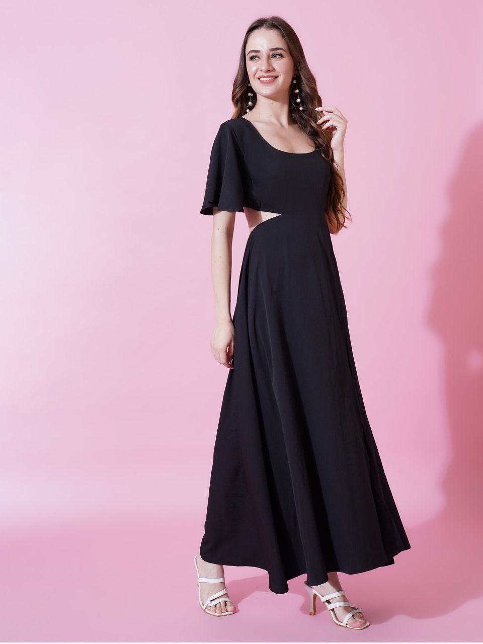 Jyoti Fashion Women's Black Crepe Waist Cut Flared Western Dress | Grocsy