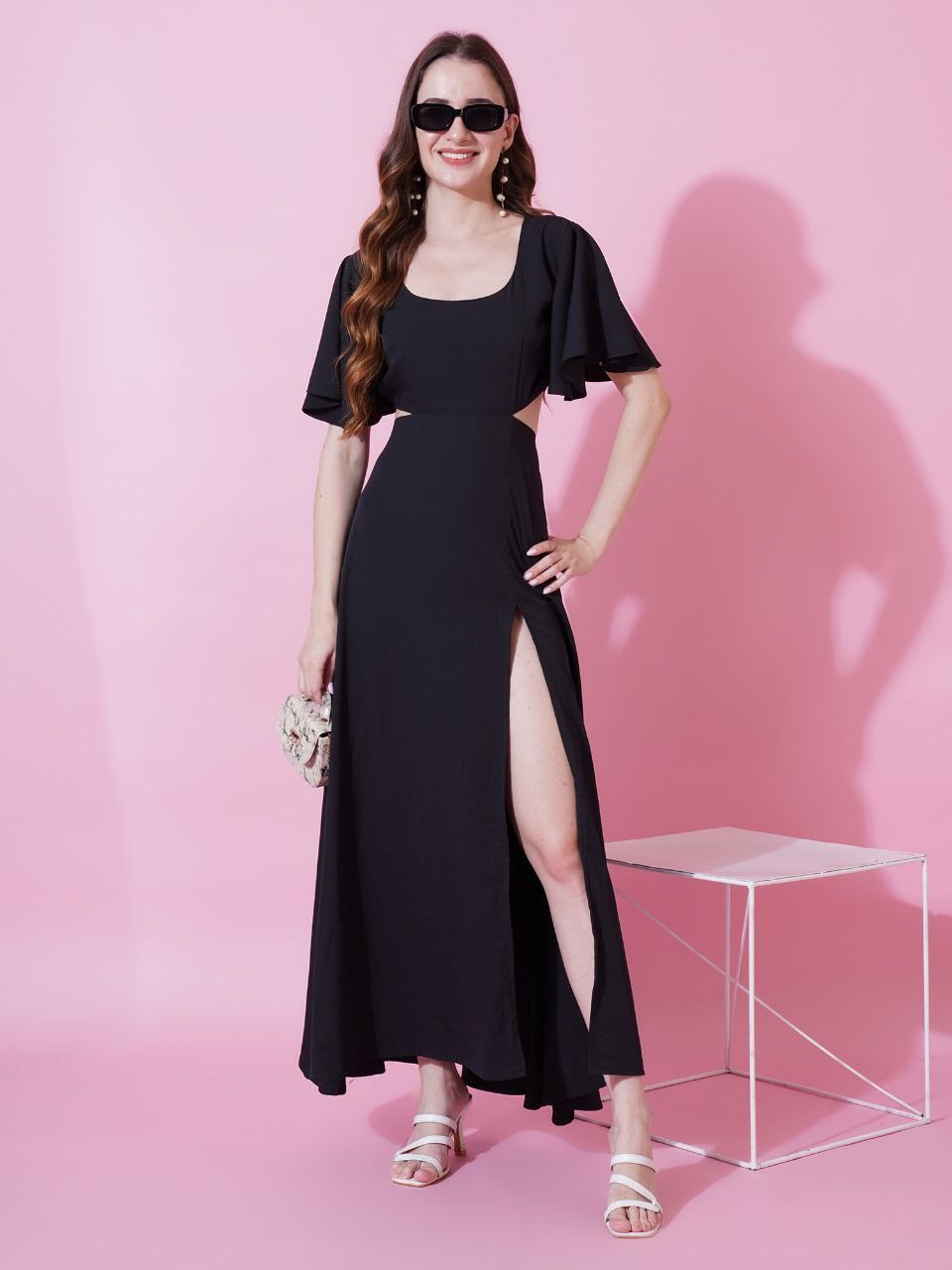 Jyoti Fashion Women's Black Crepe Waist Cut Flared Western Dress | Grocsy
