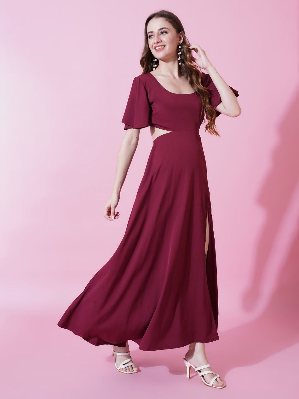 Jyoti Fashion Women's Maroon Crepe Waist Cut Flared Western Dress | Grocsy