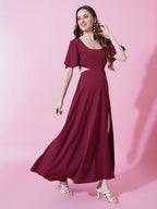 Jyoti Fashion Women's Maroon Crepe Waist Cut Flared Western Dress | Grocsy
