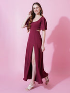 Jyoti Fashion Women's Maroon Crepe Waist Cut Flared Western Dress | Grocsy