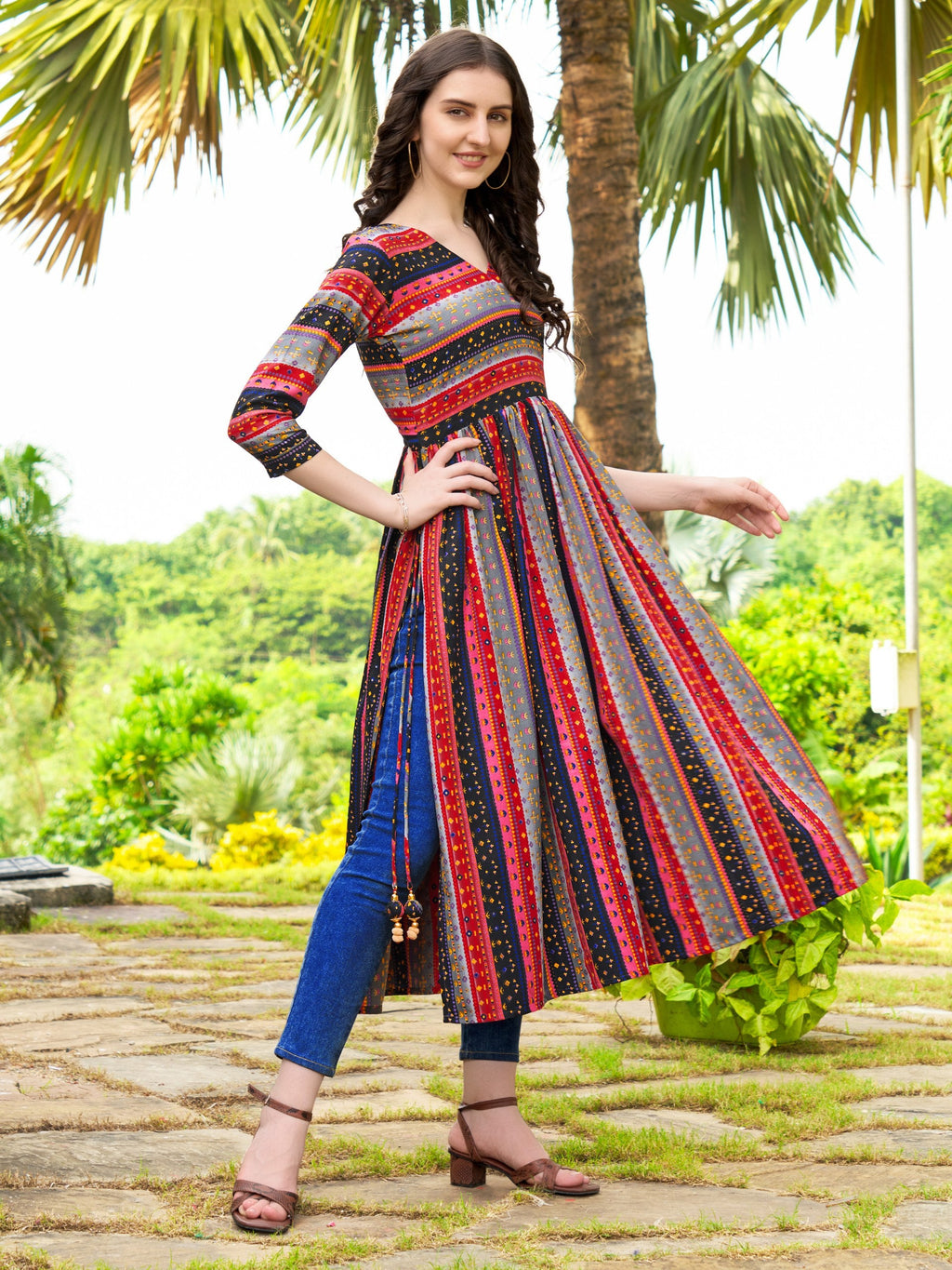 Jyoti Fashion Women's Black Rayon Geometric Printed Casual Flared kurta | Grocsy