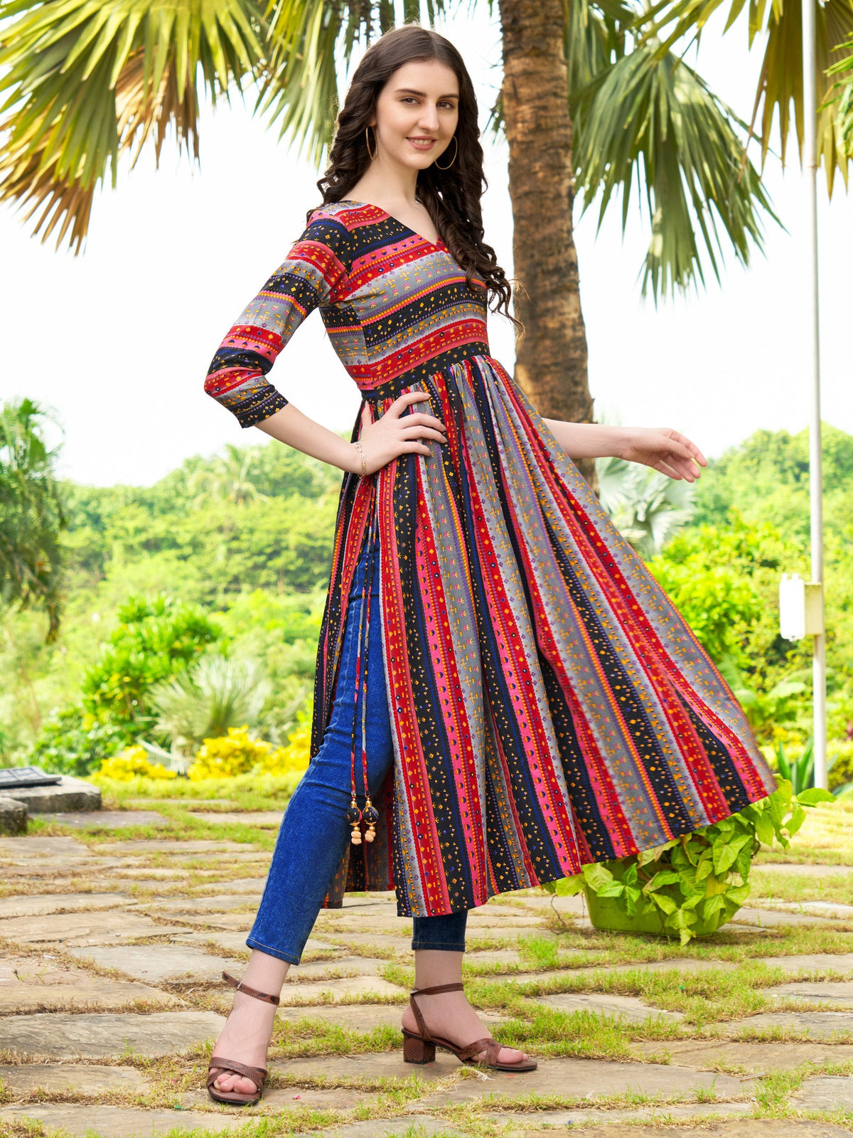 Jyoti Fashion Women's Black Rayon Geometric Printed Casual Flared kurta | Grocsy