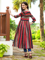 Jyoti Fashion Women's Black Rayon Geometric Printed Casual Flared kurta | Grocsy