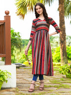 Jyoti Fashion Women's Black Rayon Geometric Printed Casual Flared kurta | Grocsy