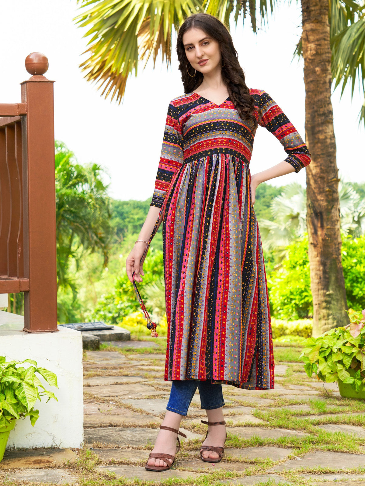 Jyoti Fashion Women's Black Rayon Geometric Printed Casual Flared kurta | Grocsy
