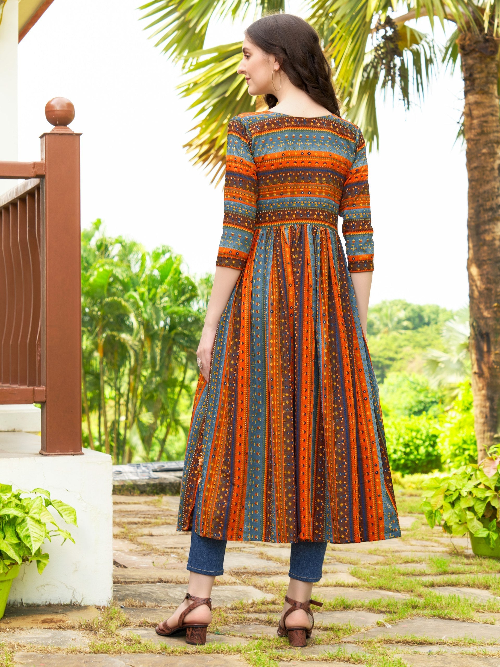 Jyoti Fashion Women's Orange Rayon Geometric Printed Casual Flared kurta | Grocsy