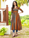 Jyoti Fashion Women's Orange Rayon Geometric Printed Casual Flared kurta | Grocsy
