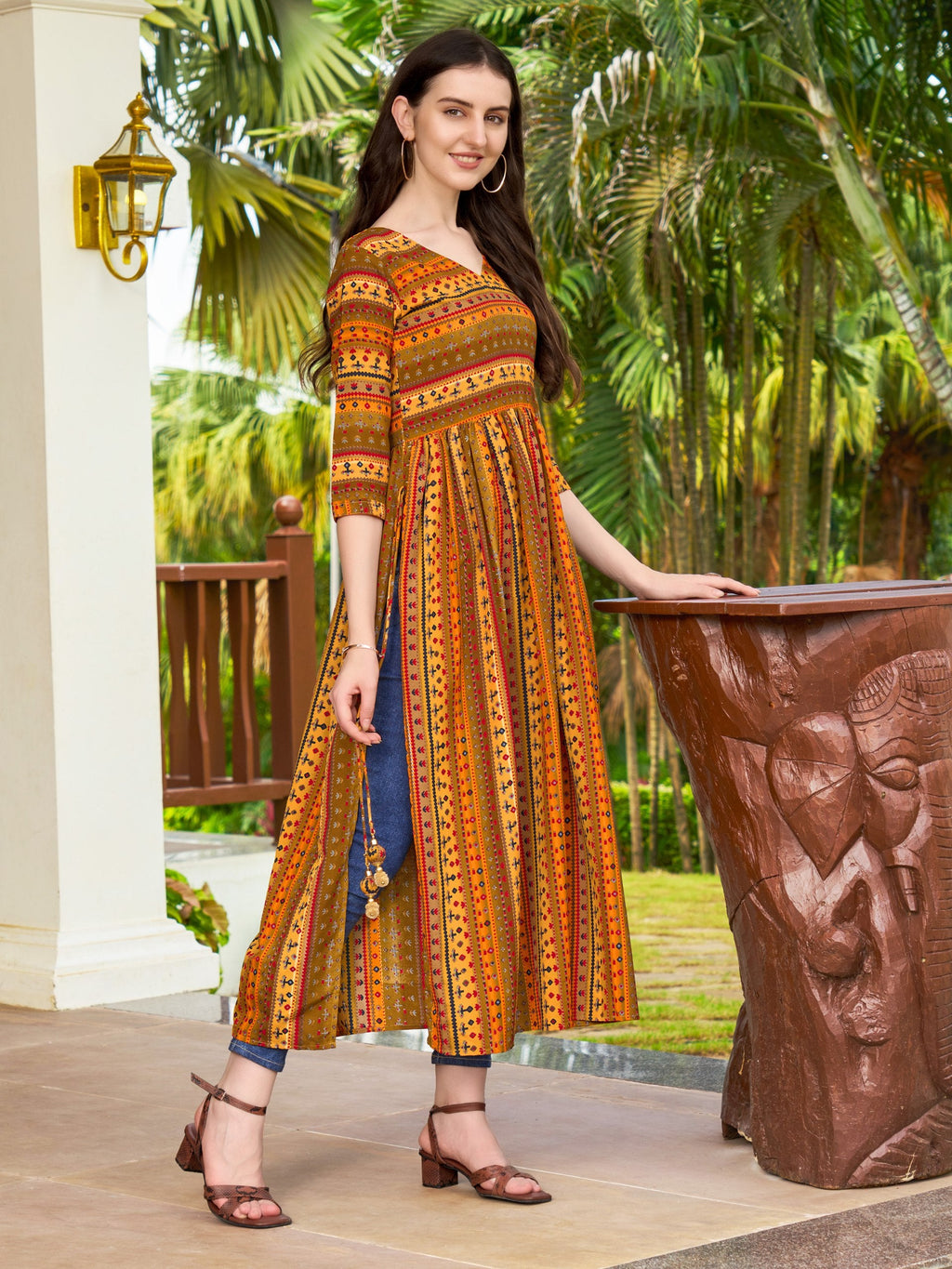 Jyoti Fashion Women's Yellow Rayon Geometric Printed Casual Flared kurta | Grocsy