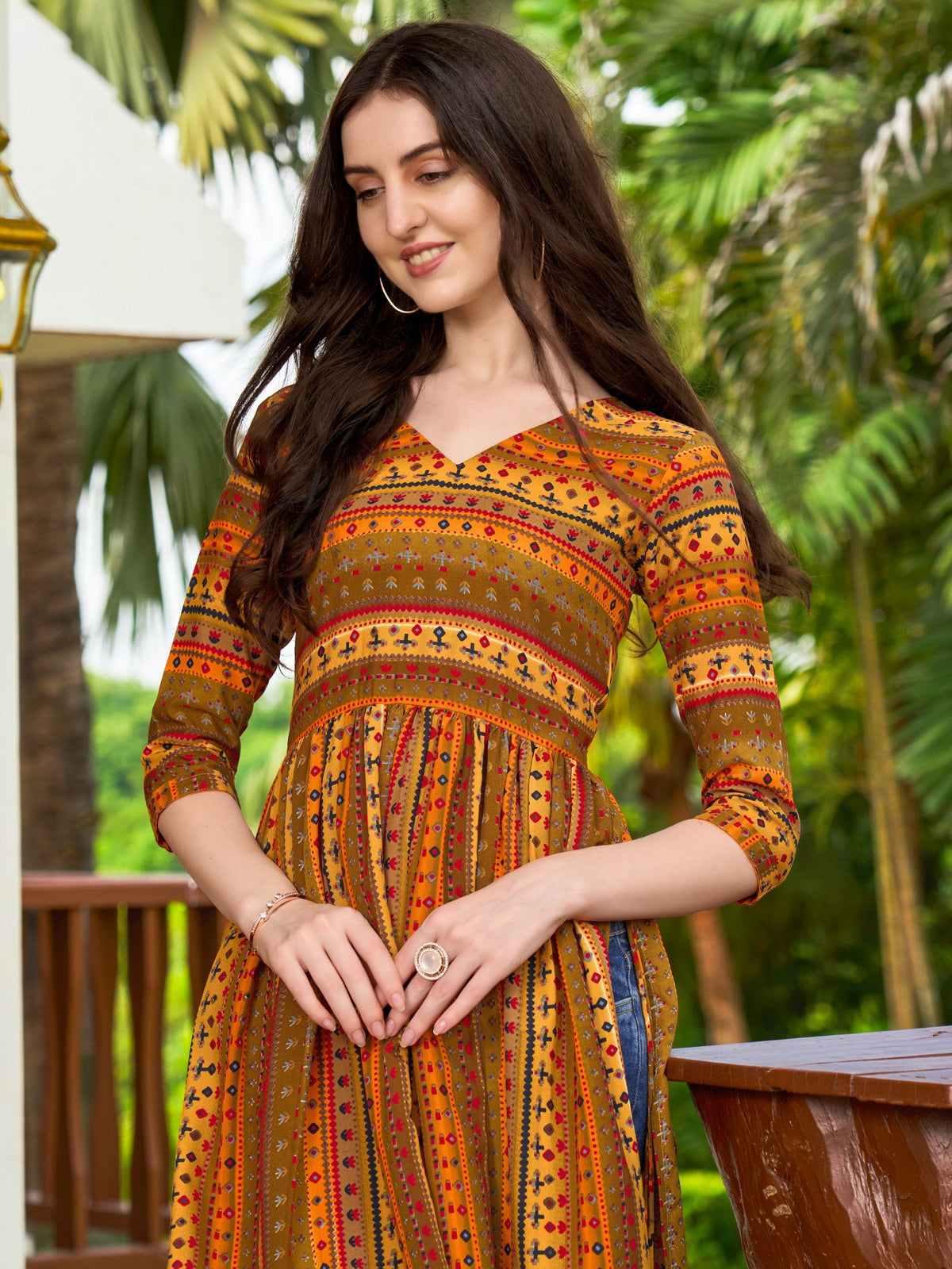 Jyoti Fashion Women's Yellow Rayon Geometric Printed Casual Flared kurta | Grocsy