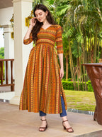 Jyoti Fashion Women's Yellow Rayon Geometric Printed Casual Flared kurta | Grocsy