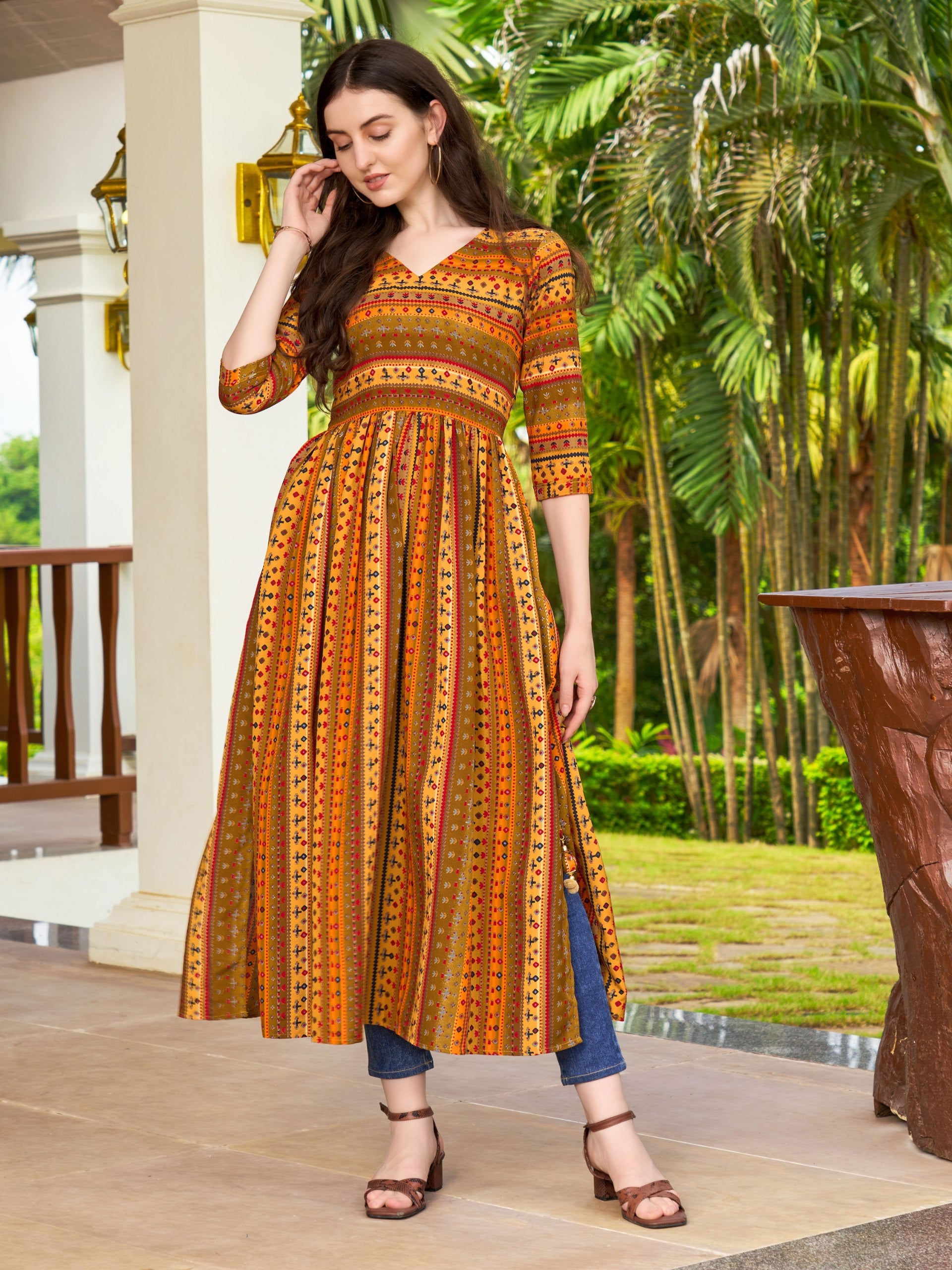 Jyoti Fashion Women's Yellow Rayon Geometric Printed Casual Flared kurta | Grocsy