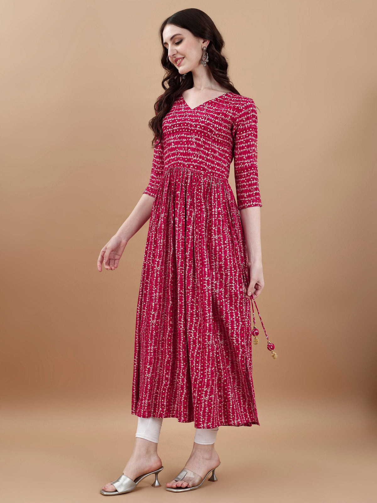 Jyoti Fashion Women's Rani Pink Rayon Bandhani Printed Casual Flared kurta | Grocsy