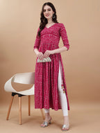 Jyoti Fashion Women's Rani Pink Rayon Bandhani Printed Casual Flared kurta | Grocsy