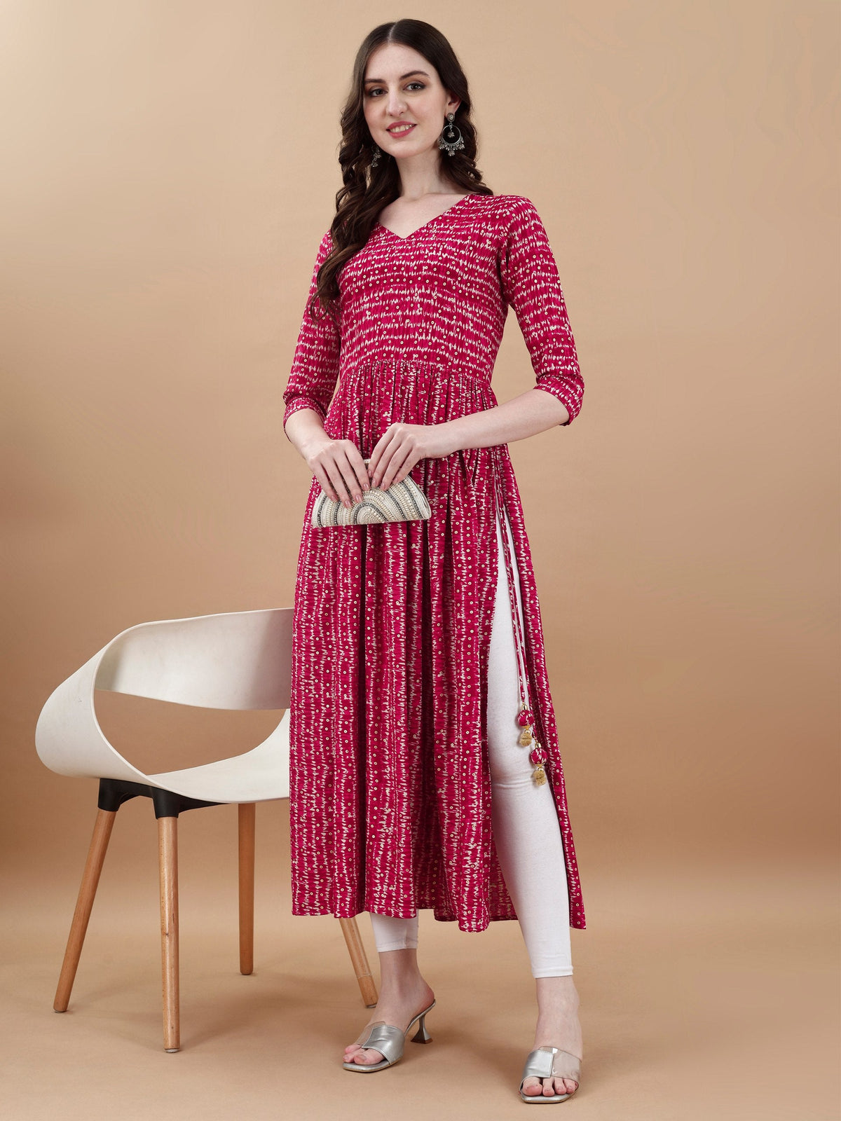 Jyoti Fashion Women's Rani Pink Rayon Bandhani Printed Casual Flared kurta | Grocsy