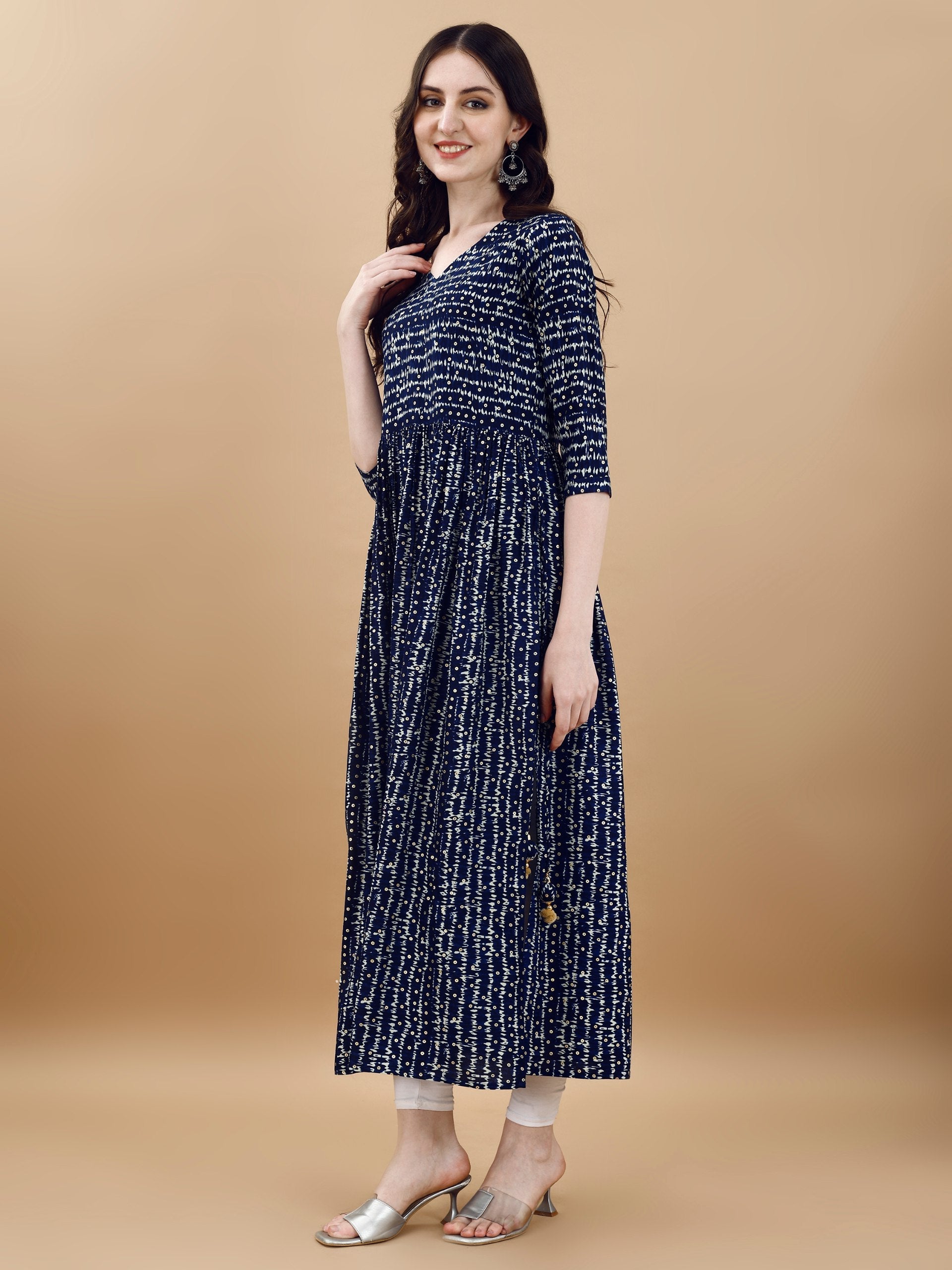 Jyoti Fashion Women's Navy Blue Rayon Bandhani Printed Casual Flared kurta | Grocsy