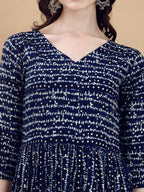 Jyoti Fashion Women's Navy Blue Rayon Bandhani Printed Casual Flared kurta | Grocsy