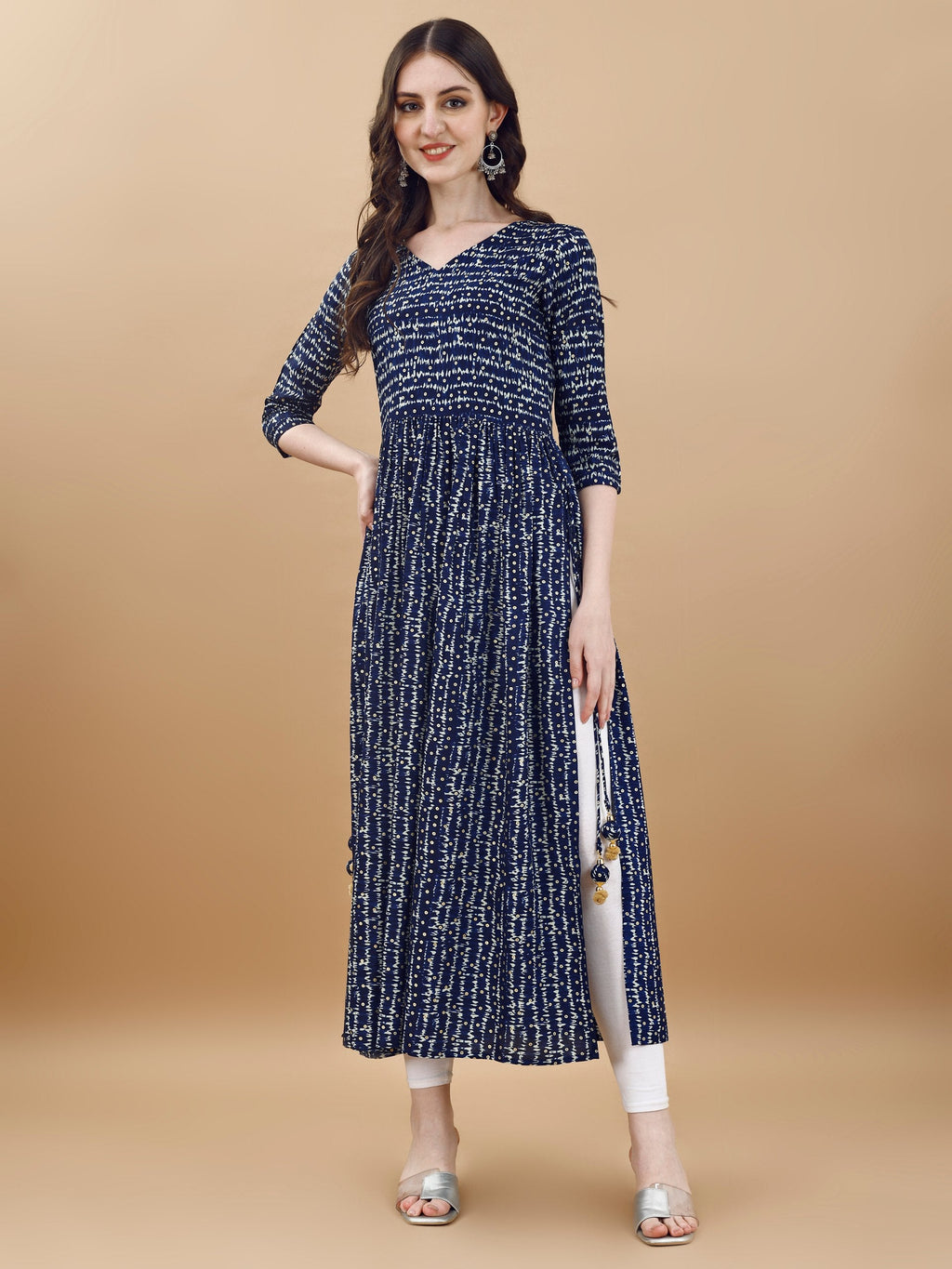 Jyoti Fashion Women's Navy Blue Rayon Bandhani Printed Casual Flared kurta | Grocsy