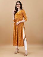 Jyoti Fashion Women's Mustard Rayon Bandhani Printed Casual Flared kurta | Grocsy