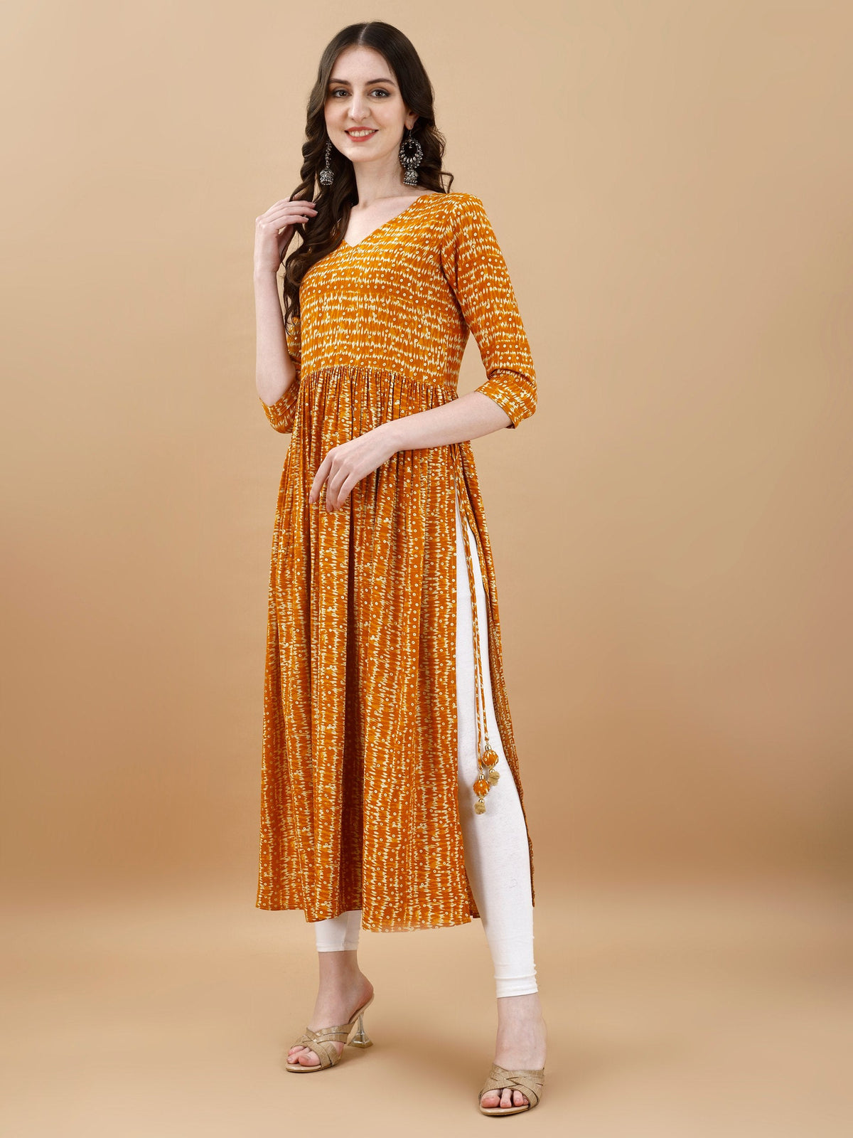 Jyoti Fashion Women's Mustard Rayon Bandhani Printed Casual Flared kurta | Grocsy