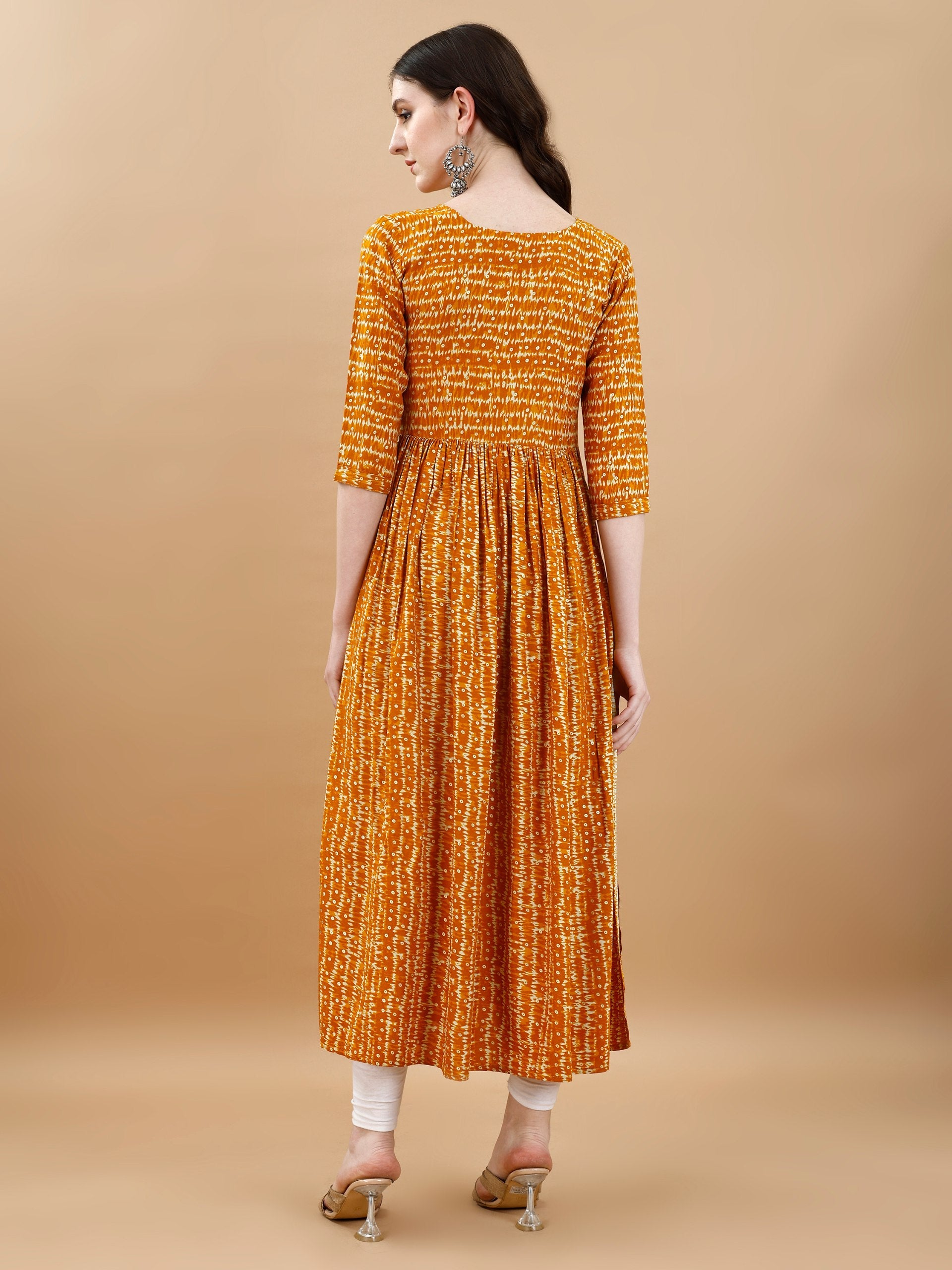Jyoti Fashion Women's Mustard Rayon Bandhani Printed Casual Flared kurta | Grocsy