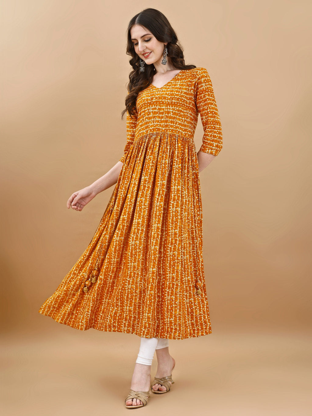 Jyoti Fashion Women's Mustard Rayon Bandhani Printed Casual Flared kurta | Grocsy
