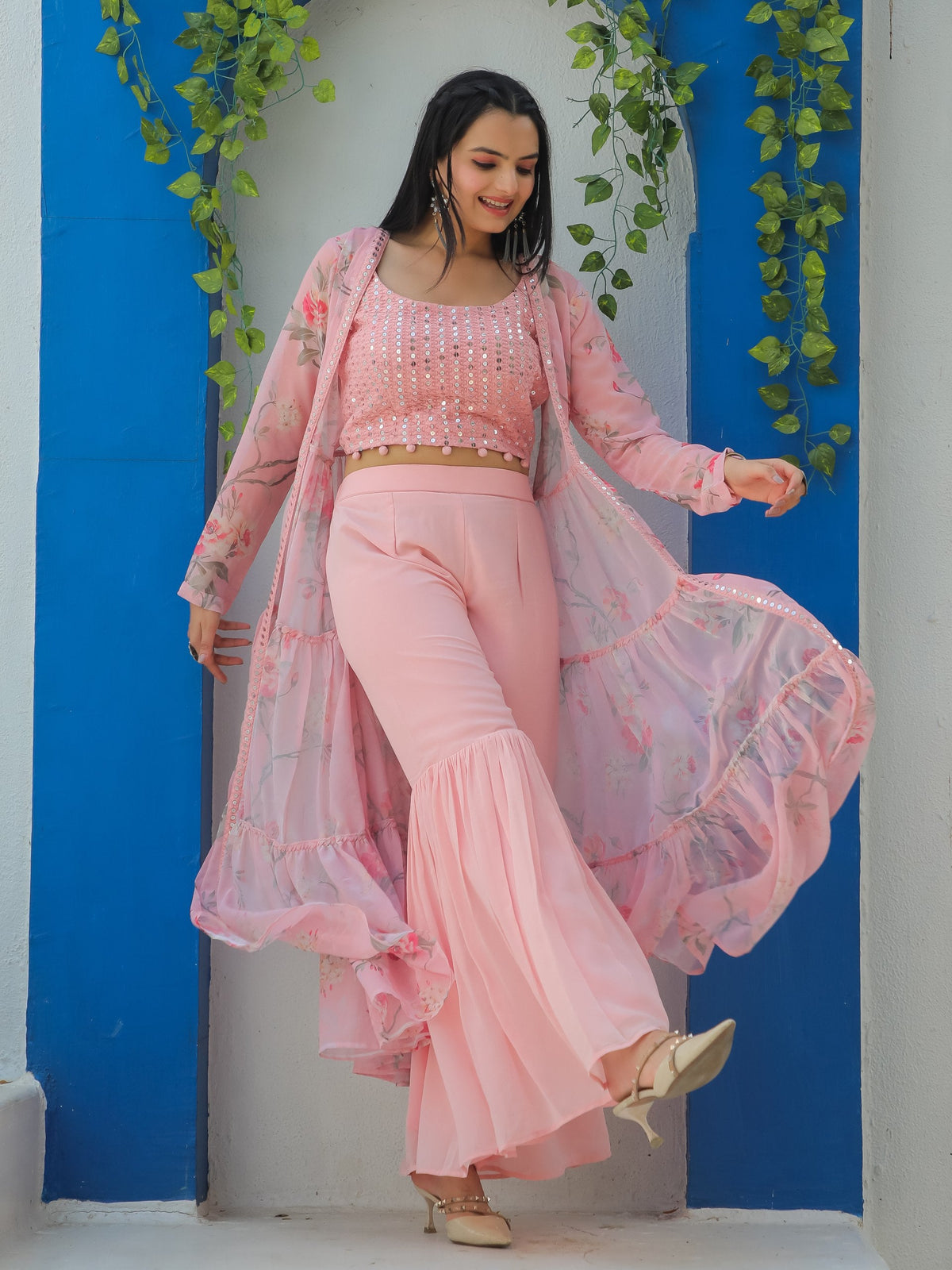 Jyoti Fashion Women's Baby Pink Georgette Sequins Choli with Printed Shrug & Sharara Set | Grocsy