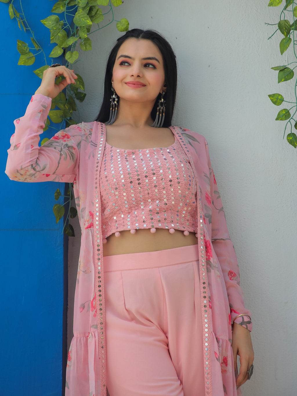 Jyoti Fashion Women's Baby Pink Georgette Sequins Choli with Printed Shrug & Sharara Set | Grocsy