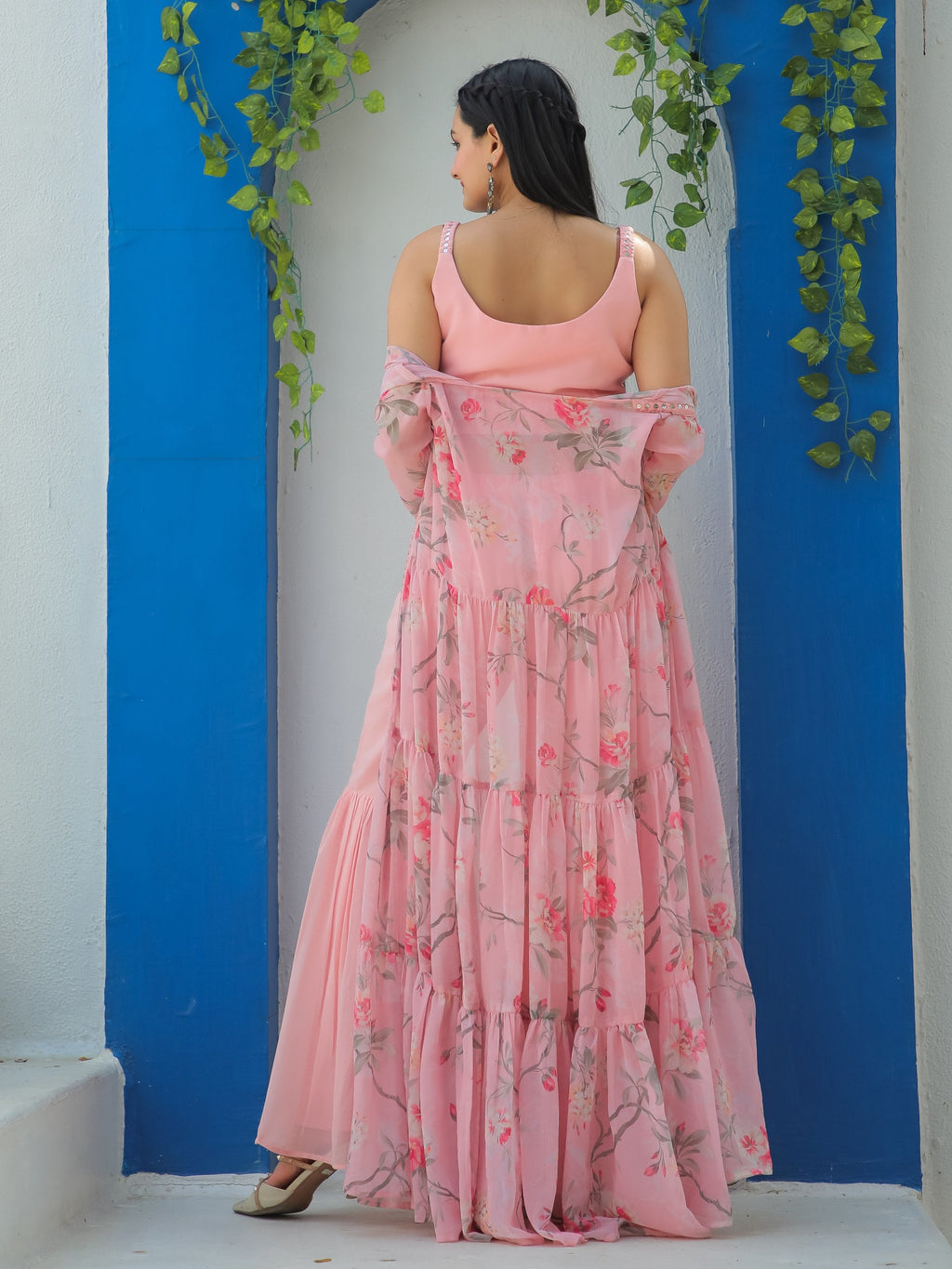 Jyoti Fashion Women's Baby Pink Georgette Sequins Choli with Printed Shrug & Sharara Set | Grocsy