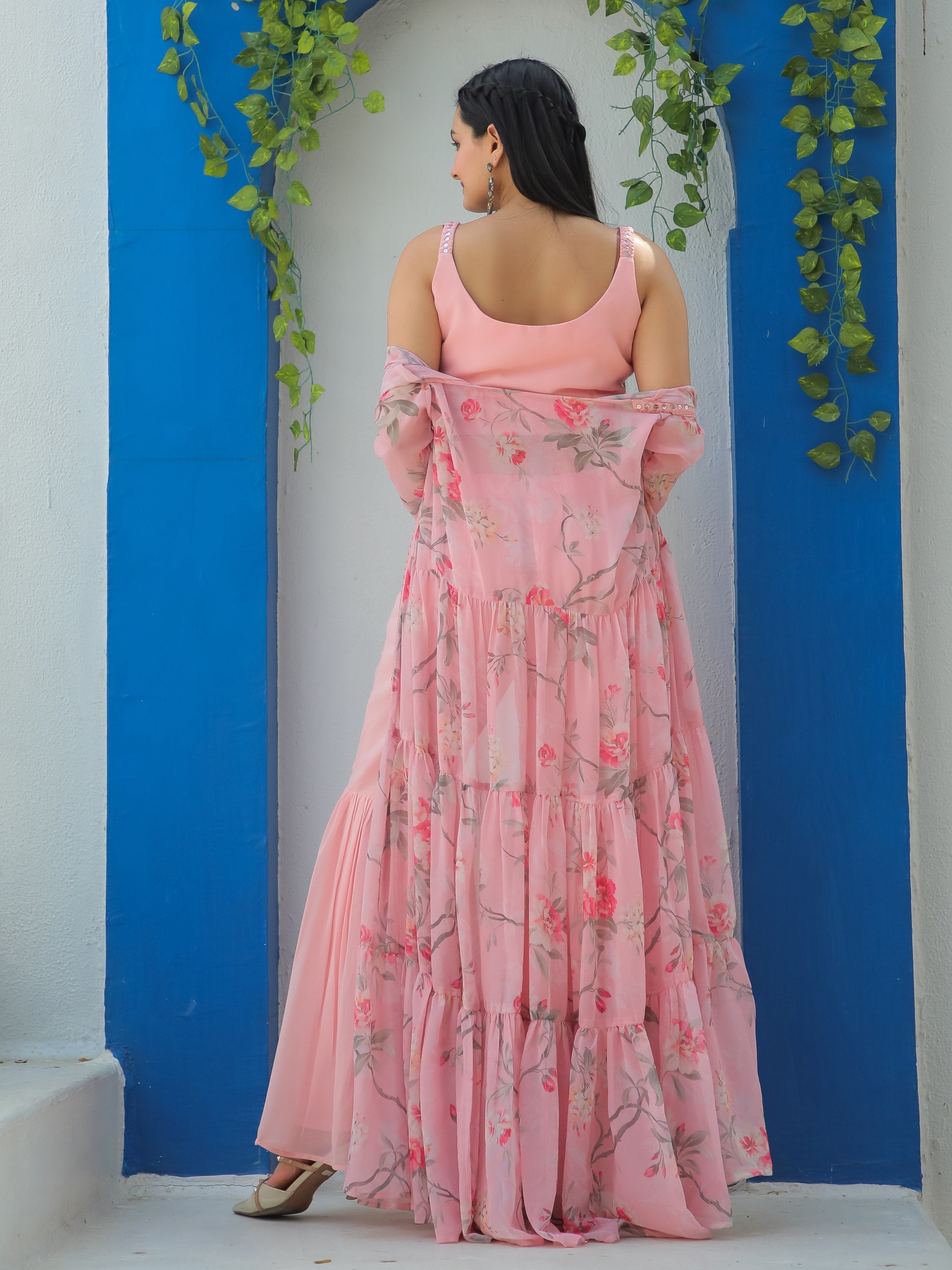 Jyoti Fashion Women's Baby Pink Georgette Sequins Choli with Printed Shrug & Sharara Set | Grocsy