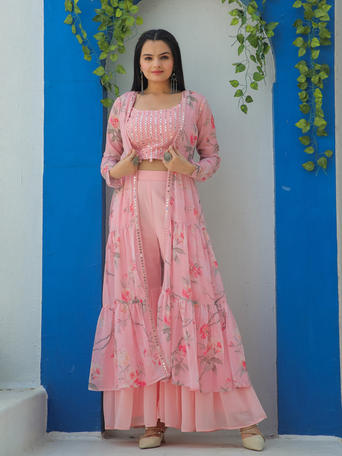 Jyoti Fashion Women's Baby Pink Georgette Sequins Choli with Printed Shrug & Sharara Set | Grocsy