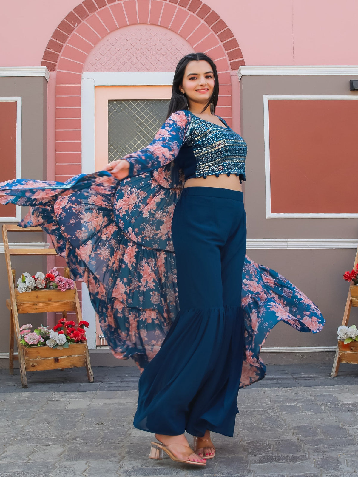 Jyoti Fashion Women's Teal Blue Georgette Sequins Choli with Printed Shrug & Sharara Set | Grocsy