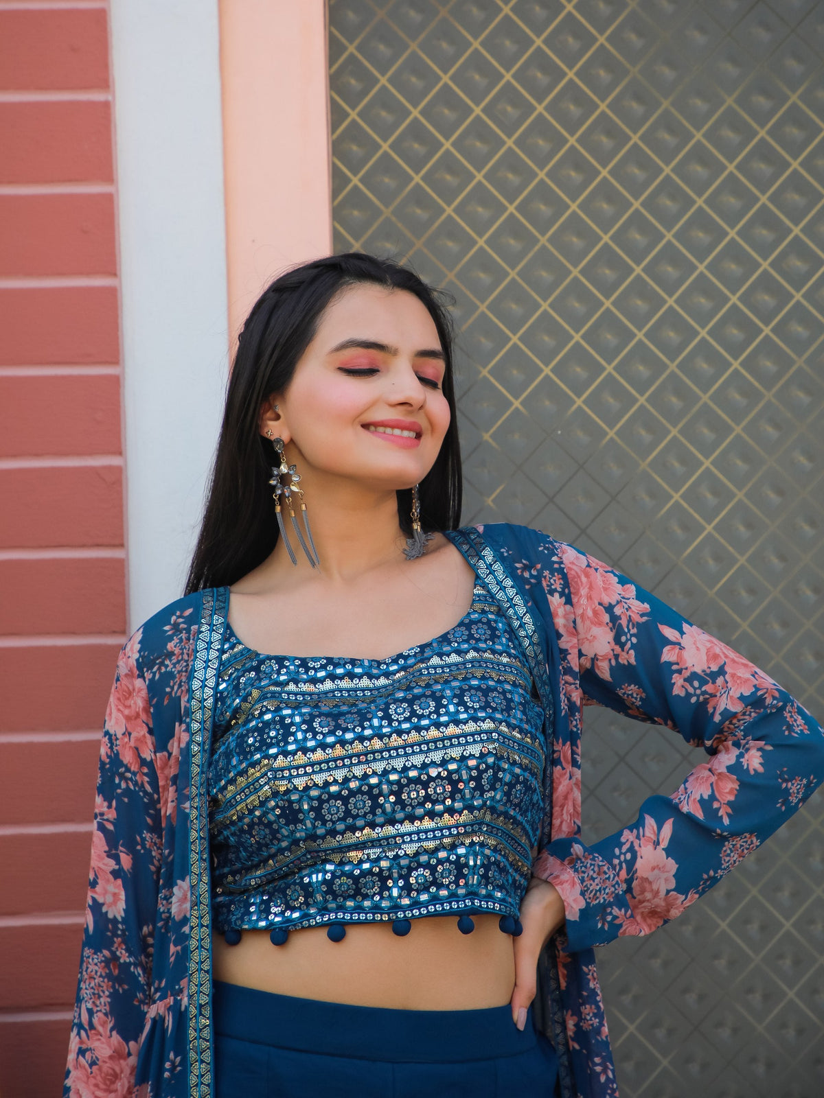 Jyoti Fashion Women's Teal Blue Georgette Sequins Choli with Printed Shrug & Sharara Set | Grocsy
