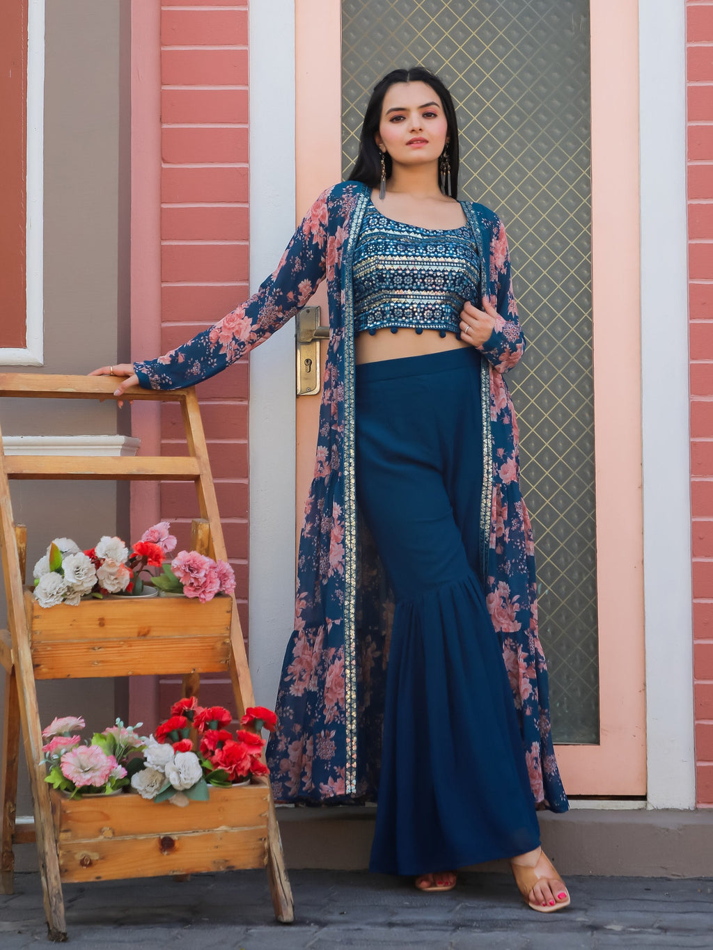 Jyoti Fashion Women's Teal Blue Georgette Sequins Choli with Printed Shrug & Sharara Set | Grocsy