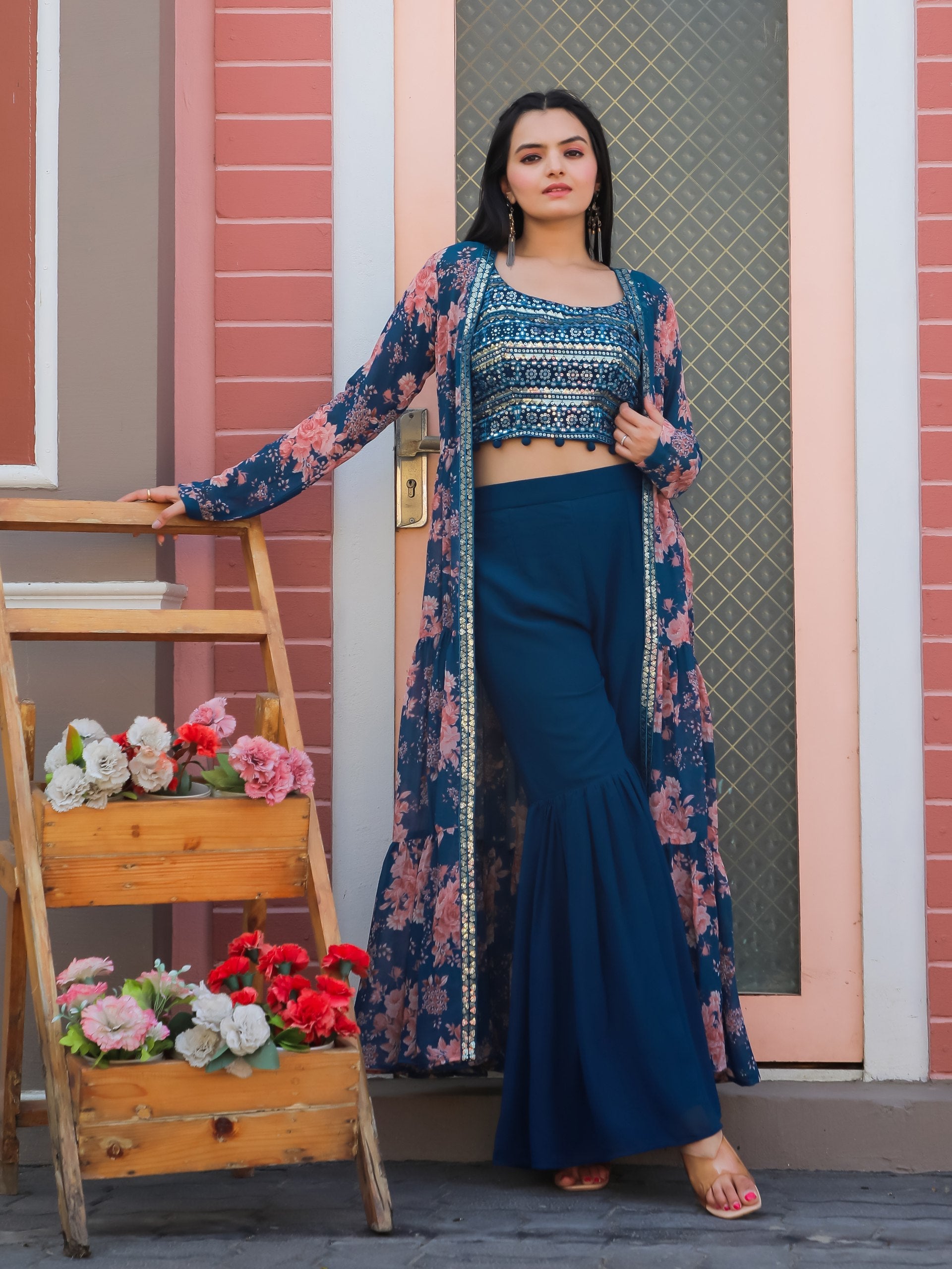 Jyoti Fashion Women's Teal Blue Georgette Sequins Choli with Printed Shrug & Sharara Set | Grocsy