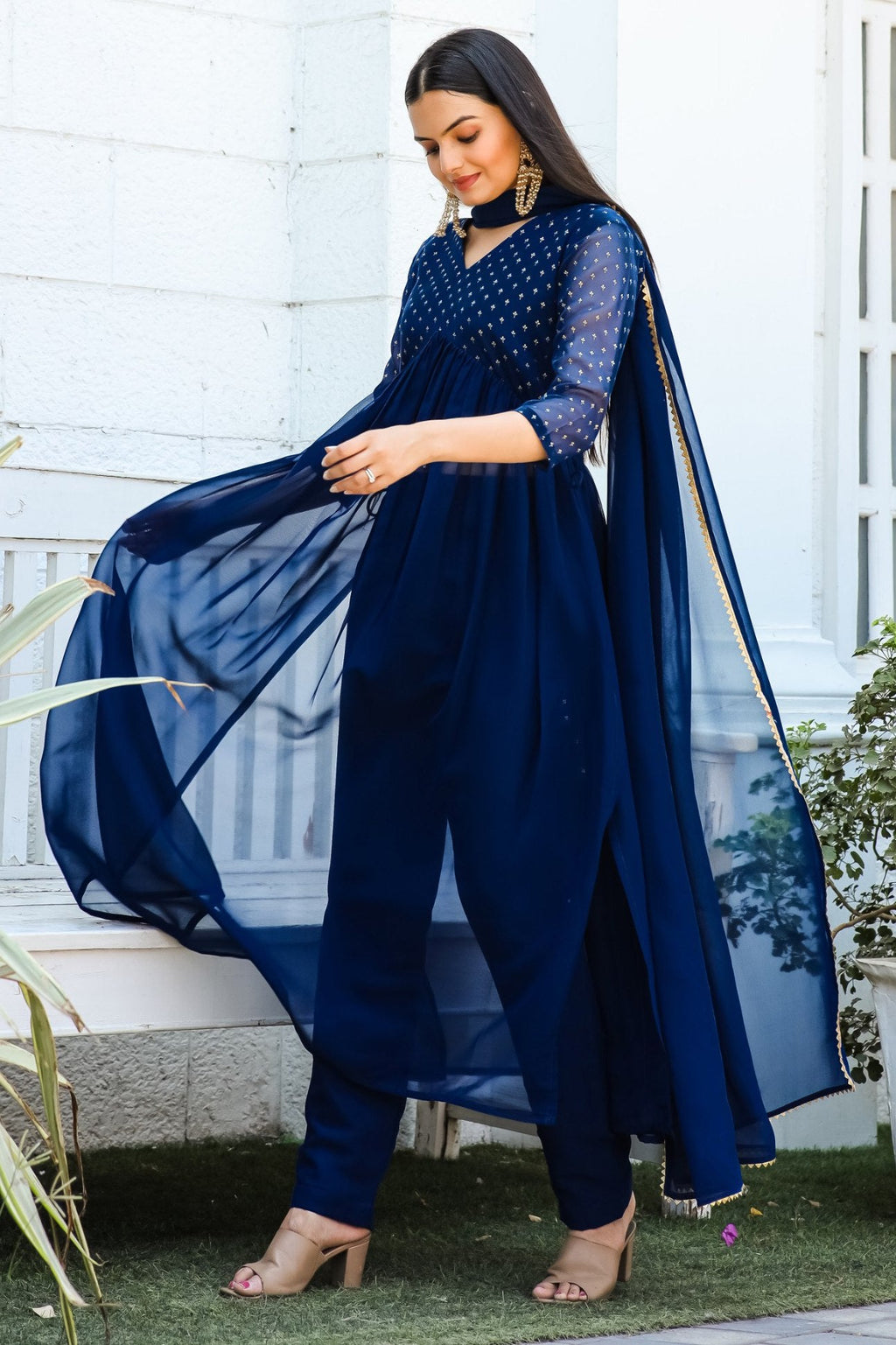 Jyoti Fashion Women's Blue Georgette Foil Printed Kurta Set with Dupatta | Grocsy