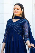 Jyoti Fashion Women's Blue Georgette Foil Printed Kurta Set with Dupatta | Grocsy