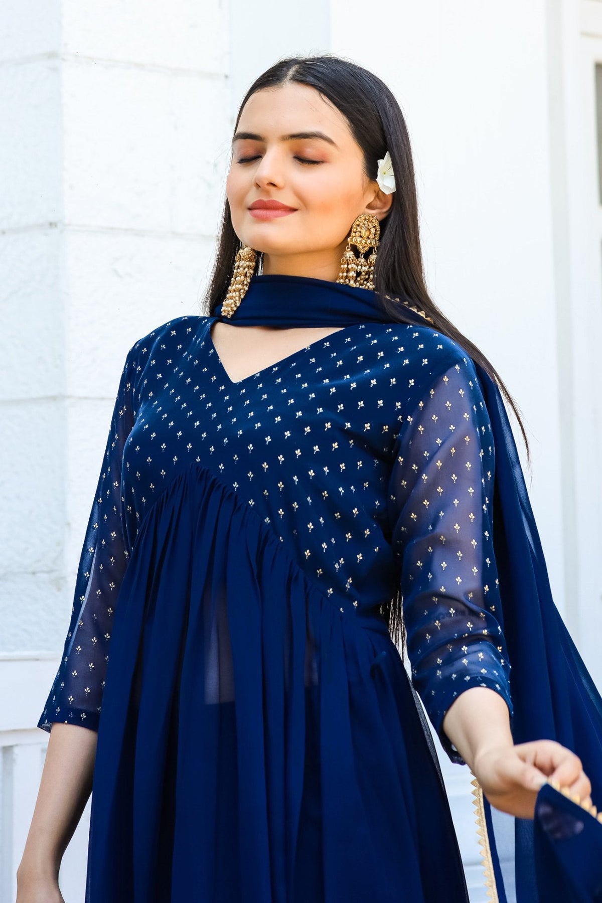 Jyoti Fashion Women's Blue Georgette Foil Printed Kurta Set with Dupatta | Grocsy